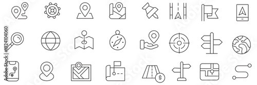 Location line icon set. Navigation, geolocation, map, map pin, gps, path, route, distance, destination, directions, street, road, position and more. Outline icon in linear style. Vector collection
