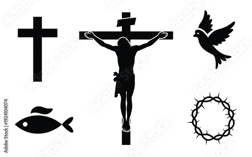Christian symbols collection including crucifixion cross dove fish and crown of thorns on white background ideal for religious designs