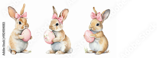 Three hand painted baby bunnies in pink bow headbands, each holding a pastel easter egg, soft watercolor style evokes spring joy, innocence, and festive nursery charm