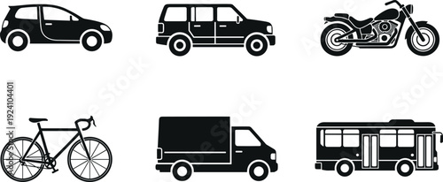 Transport Vehicle Silhouette Vector Set Featuring Car, SUV, Motorcycle, Bicycle, Delivery Van and City Bus Collection