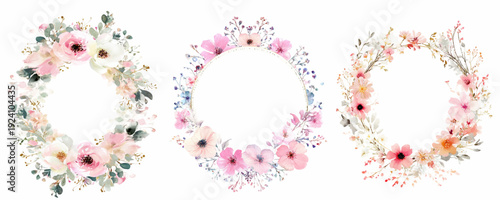 Watercolor floral wreaths forming delicate frames, featuring soft pink and white flowers, green leaves, and botanical elements, perfect for wedding designs and spring invitations