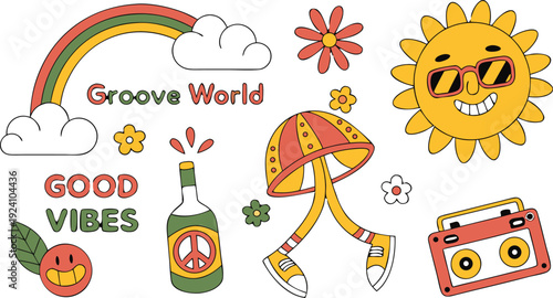 Set of vintage groovy characters and elements for poster of sticker design. playful cartoon expressions, thick stroke lines, sticker-style isolated elements, retro poster composition, high detail, 