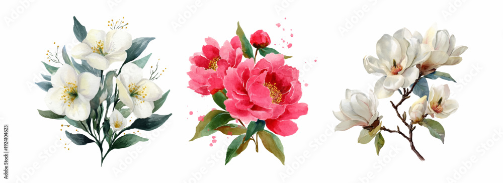 Naklejka premium Beautiful floral collection portraying jasmine, peony, and magnolia blooms with soft green leaves, rendered in a delicate watercolor artistic style against a white background