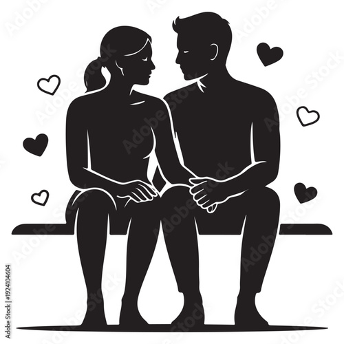 Couple sitting on bench silhouette looking at each other surrounded by floating hearts for romantic park date or valentine day concept vector design