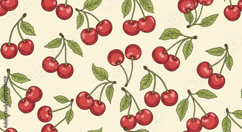 Sweet Vintage Cherry Pattern with Paired Cherries and Leaves in Red and Green Seamless Vecto