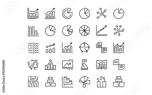 Collection of diverse icons representing various data visualization and business analytics charts