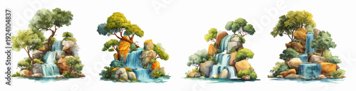 Watercolor painting depicting multiple serene waterfall landscapes, showcasing water flowing over rocks, green trees, and natural elements, creating a peaceful scene