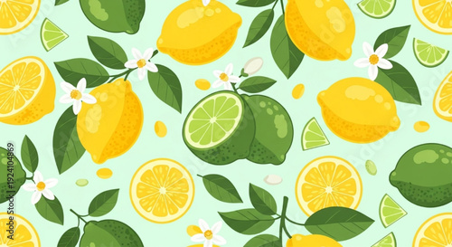 Bright Lemon and Lime Citrus Pattern with Leaves and Blossoms in Yellow and Green Seamless Flat Vector