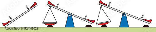 Seesaw balance physics concept illustration, lever principle demonstration with children playground equipment, mechanical equilibrium vector drawing isolated