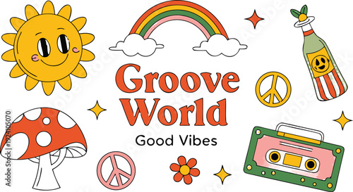 Set of vintage groovy characters and elements for poster of sticker design. playful cartoon expressions, thick stroke lines, sticker-style isolated elements, retro poster composition, high detail, 