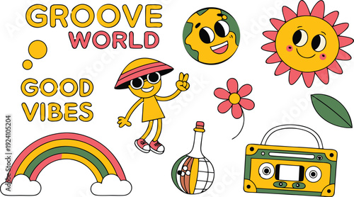 Set of vintage groovy characters and elements for poster of sticker design. playful cartoon expressions, thick stroke lines, sticker-style isolated elements, retro poster composition, high detail, 