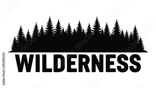 A black and white logo of a forest with the word wilderness isolated on white background, Vector