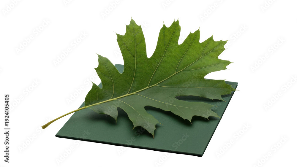 Fototapeta premium Isolated Red Oak leaf on a green square, colorful fall nature specimen for botany class