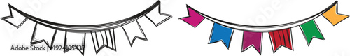Hand Drawn Colorful Bunting Flags Set, Party Celebration Garland Line Art and Color Icons
