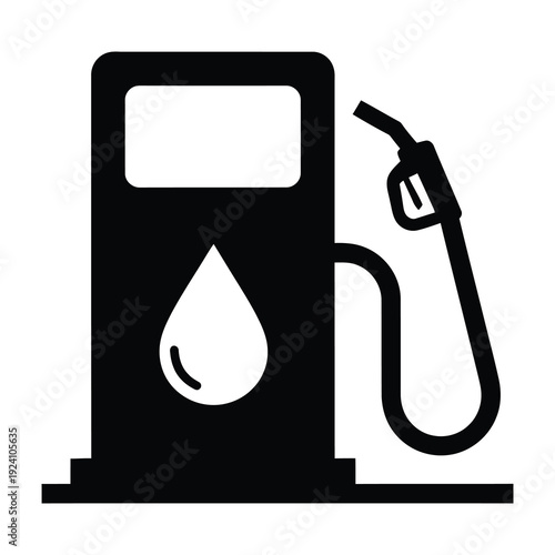 Iconic silhouette of a modern gas pump with a fuel nozzle and a prominent water drop symbol representing fuel or energy set against a clean white background symbolizing petroleum