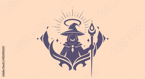 Magician wizard silhouette with staff and halo