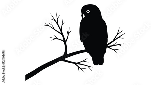 A black silhouette of a bird perched on a tree branch isolated on white background, Vector