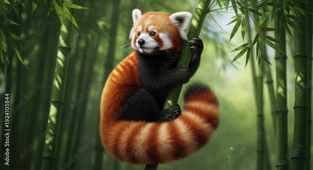 Fototapeta premium Red Panda Clinging to Bamboo Branch in Forest