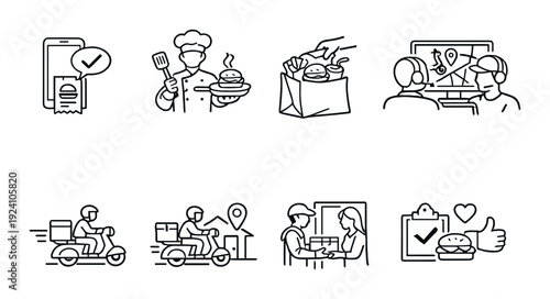 Food ordering and delivery process illustrated on dark gray background