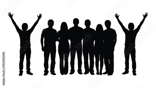 A group of people standing together with some arms raised isolated on white background, Vector