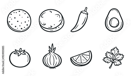 Burger ingredients arranged in rows on dark gray background