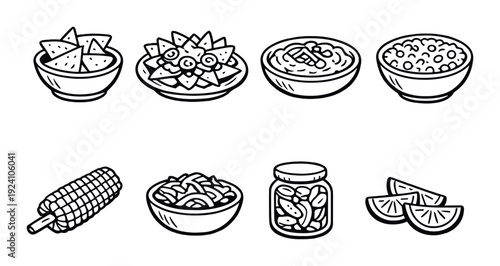 Bowls of chips, nachos and sides on dark background