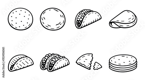 Tortilla rounds, tacos and folded tortillas on dark background