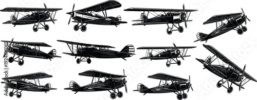 Vintage biplane aircraft collection set, retro propeller airplane engraving style vector illustration isolated on white background