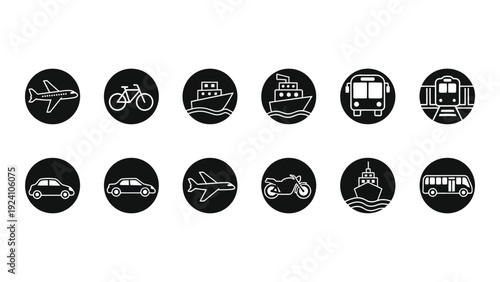 A collection of black and white icons depicting various modes of transportation isolated on white background, Vector