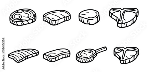 Multiple steak cuts and slices arranged on gray background