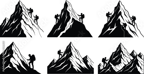 Set of Mountain Climbing Illustrations Featuring Climbers with Gear on Rugged Peaks in Black-and-White Adventure Artwork