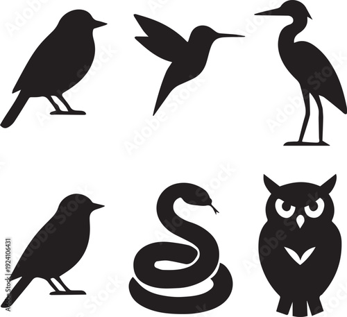 Black silhouettes of various birds and a snake on white background bird