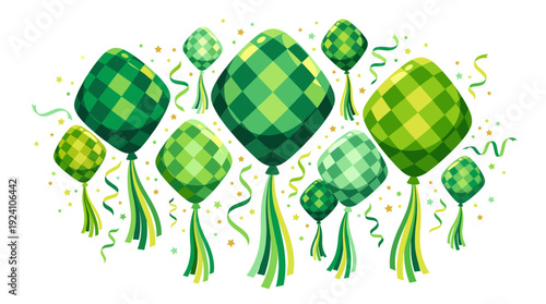Green ketupat lantern cluster, woven diamond shapes, festive streamers, bright celebration decor