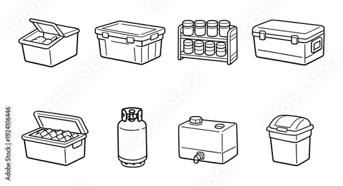 Assorted outdoor coolers and containers displayed on dark background