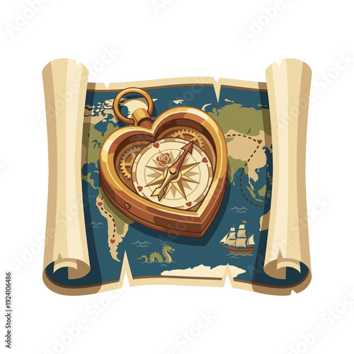 Vintage scroll map, heart locket compass, nautical chart details, antique travel romance emblem