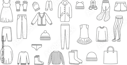 Assortment of black and white line art drawings of children's clothing and accessories Keywords: children, clothing, apparel