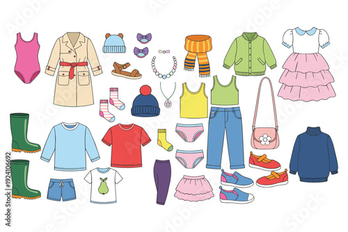 Assortment of children's clothing and accessories arranged on a white background baby clothes toddler clothes
