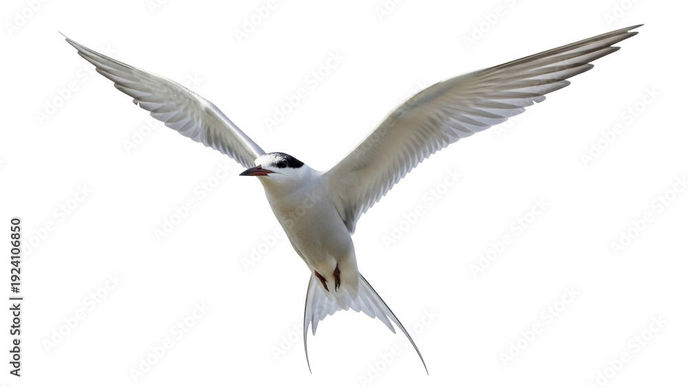 Obraz premium Isolated flying Arctic tern gracefully spreading its wings, with a black cap and gray plumage