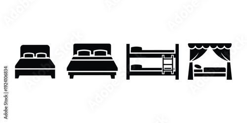 Various bed designs illustrated from a front viewpoint showcasing different sleeping arrangements in a simple graphic style