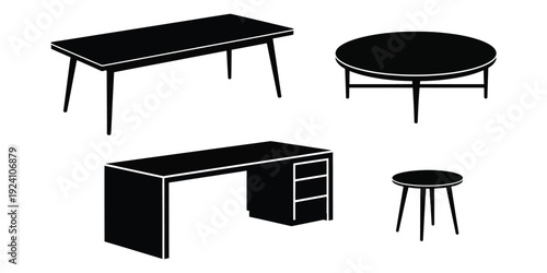 Office furniture set including desks, tables, and stools in a minimalist modern design for a professional workspace