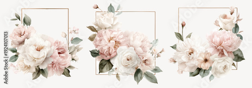 Watercolor floral frame collection featuring delicate pink and white peonies, roses, and green leaves, creating elegant botanical borders for wedding invitations and greeting cards