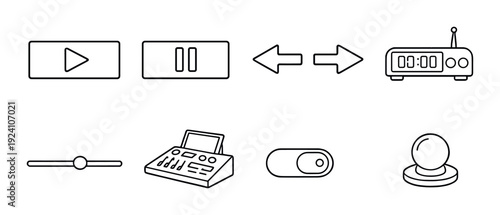 Media control icons and audio console symbols on dark backdrop