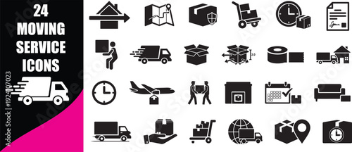Set of moving service icons for logistics and transportation featuring delivery truck and shipping symbols in flat style isolated on gray background for business