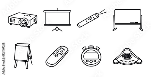 Presentation equipment icons arranged in grid on dark background