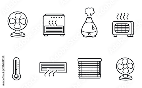 Climate control and air devices icons arranged on dark background