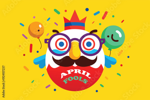 Cheerful April Fools Day cartoon character with colorful balloons