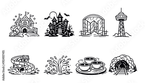 Amusement park attraction icons including rides and structures
