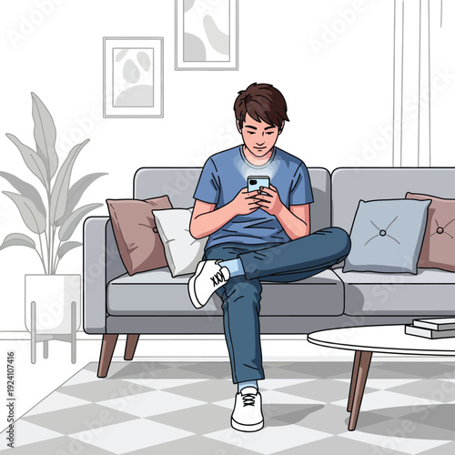 A handsome businessman is smiling while sitting on a sofa and working on his wireless laptop computer, using modern technology for office communication and internet business from home