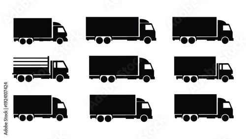 A collection of truck silhouettes in various orientations isolated on white background, Vector