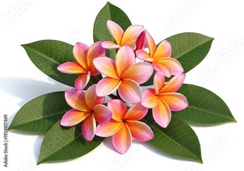 Vibrant pink and orange plumeria flowers with green leaves